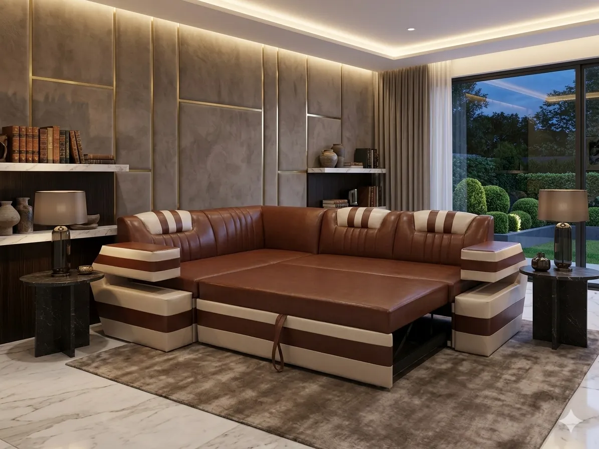 Block Arm Corner Upholstered Sofa Cum Bed