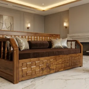 Broad Lattice Arm Panel Wooden Sofa Cum Bed