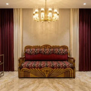 Carved Crest Diamond Panel Wooden Sofa Cum Bed