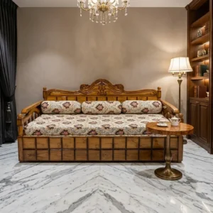 Crested Grid Front Wooden Sofa Cum Bed