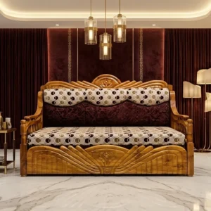 Crested Patterned Wooden Sofa Cum Bed