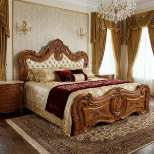 Crested Scroll Panel Wooden Bed