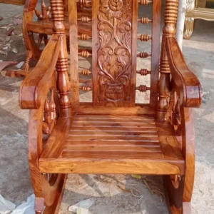 Crested Slatted Back Wooden Rocking Chair