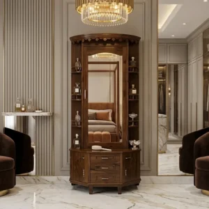 Dark Crest Mirror Wooden Dressing Table