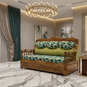 Floral Crest Cushioned Wooden Sofa Cum Bed