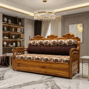 Floral Crest Panel Wooden Sofa Cum Bed