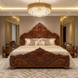 Floral Crest Scrollwork Wooden Bed