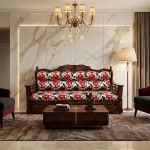 Floral Cushion Carved Wooden Sofa Cum Bed