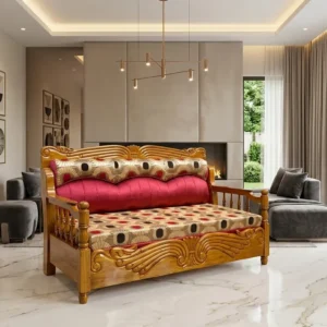 Floral Panel Carved Crest Wooden Sofa Cum Bed