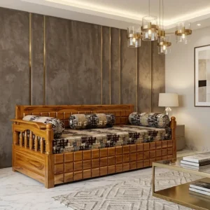 Golden Grid Front Wooden Sofa Cum Bed