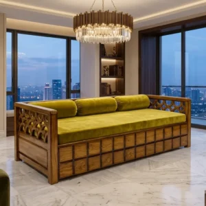 Grid Front Bolster Wooden Sofa Cum Bed