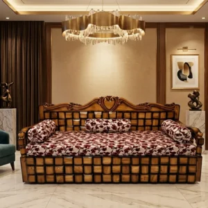 Grid Front Carved Crest Wooden Sofa Cum Bed
