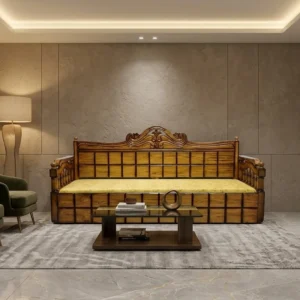 Grid Panel Carved Crest Wooden Sofa Cum Bed