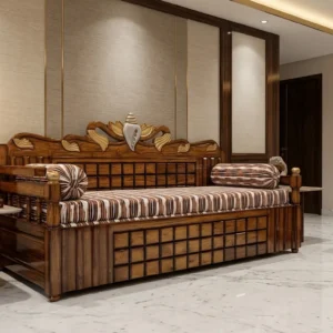 Grid Panel Floral Crest Wooden Sofa Cum Bed