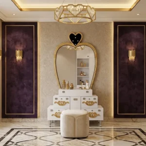 Heart Accent Oval Mirror Wooden Dressing Table