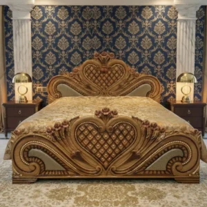 Heart and Scroll Carved Wooden Bed