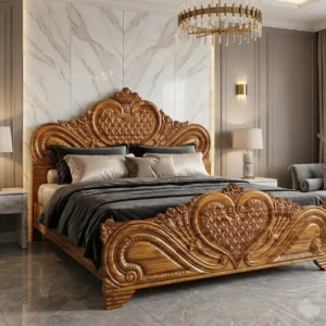 Heart Crest Scroll Wooden Bed