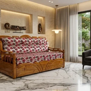 Heart Motif Carved Wooden Sofa Cum Bed
