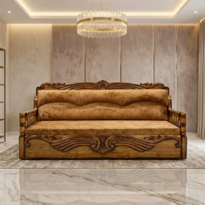 Heart Scroll Panel Wooden Sofa Cum Bed