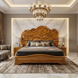 High Floral Crest Wooden Bed