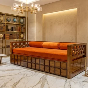 Lattice Arm Grid Front Wooden Sofa Cum Bed