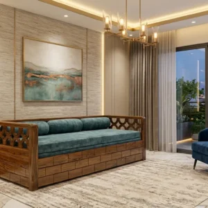 Lattice Arm Panel Wooden Sofa Cum Bed