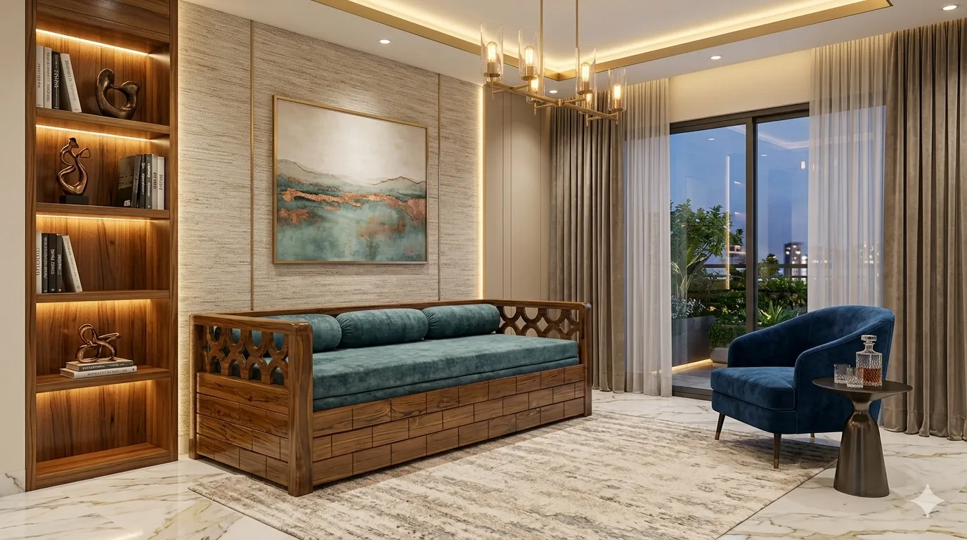 Lattice Arm Panel Wooden Sofa Cum Bed
