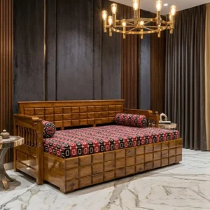 Linear Grid Front Wooden Sofa Cum Bed