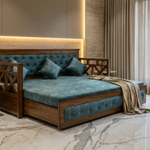 Low Lattice Back Wooden Sofa Cum Bed