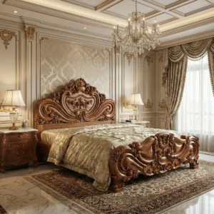 Ornate Floral Crest Wooden Bed