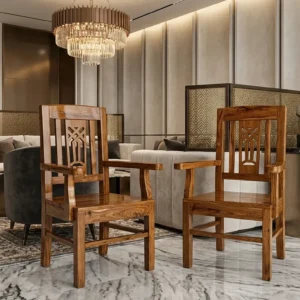 Paired Slatted Back Wooden Dining Chairs