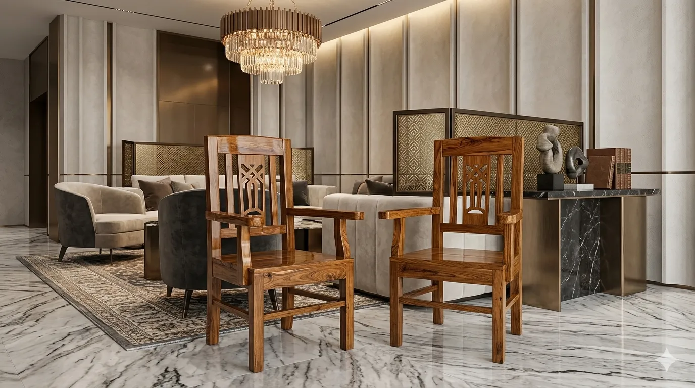 Paired Slatted Back Wooden Dining Chairs
