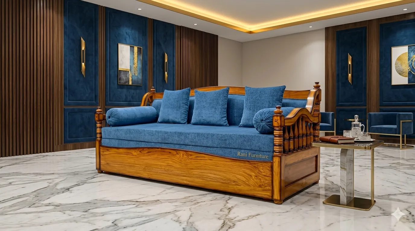 Panel Front Cushion Back Wooden Sofa Cum Bed