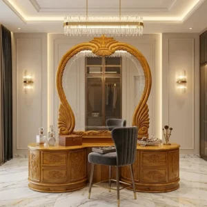 Round Mirror Vanity Wooden Dressing Table