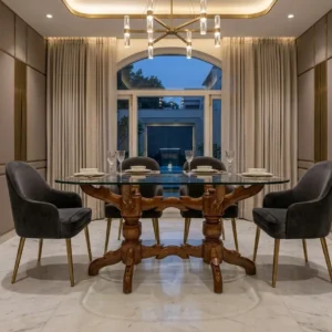 Scrolled Pedestal Round Wooden Dining Set