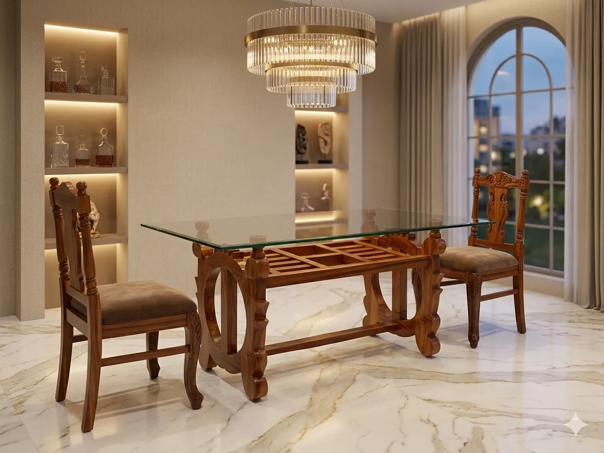 Sculpted Base Rectangular Wooden Dining Set