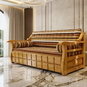Slatted Arm Grid Front Wooden Sofa Cum Bed
