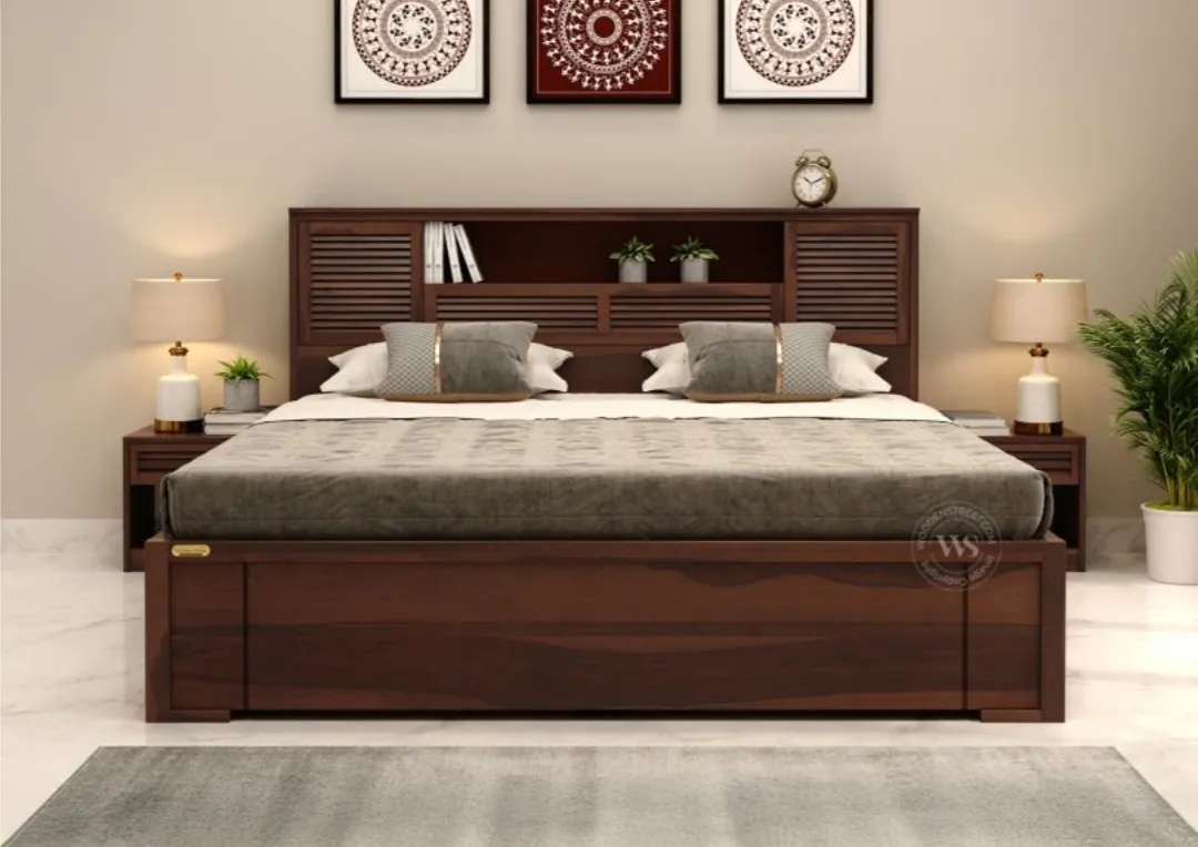 Slatted Shelf Headboard Wooden Bed