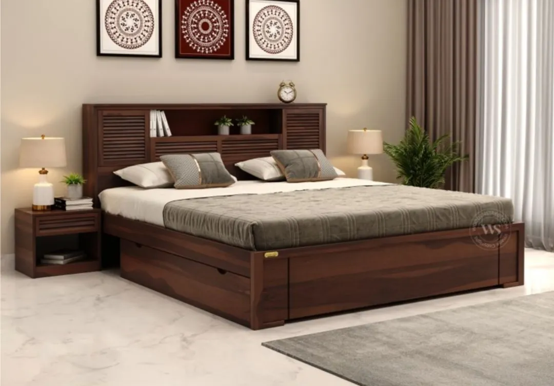Slatted Shelf Headboard Wooden Bed - Image 2