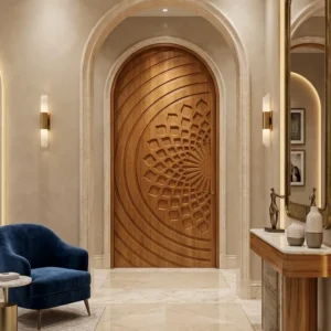 Sunburst Carved Panel Wooden Door Design