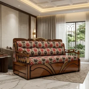 Sweeping Panel Floral Wooden Sofa Cum Bed