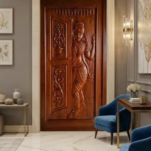 Vertical Scroll Carved Wooden Door Design