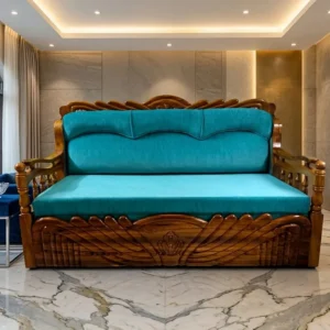 Wave Crest Cushioned Wooden Sofa Cum Bed