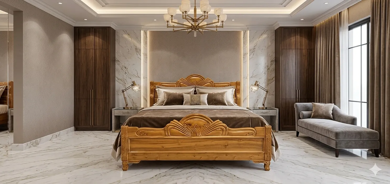 Wave Panel Carved Wooden Bed